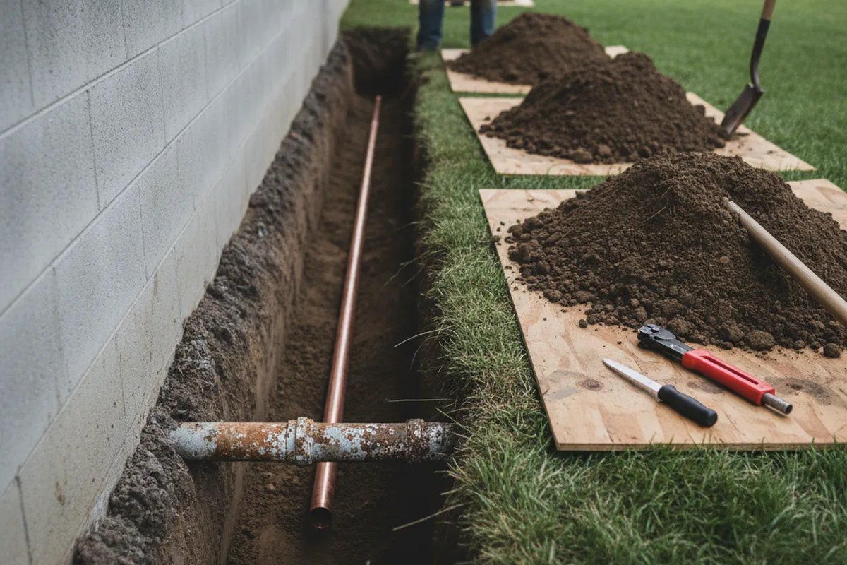 Excavated water line trench during Water Heater Repair in Clarkesville